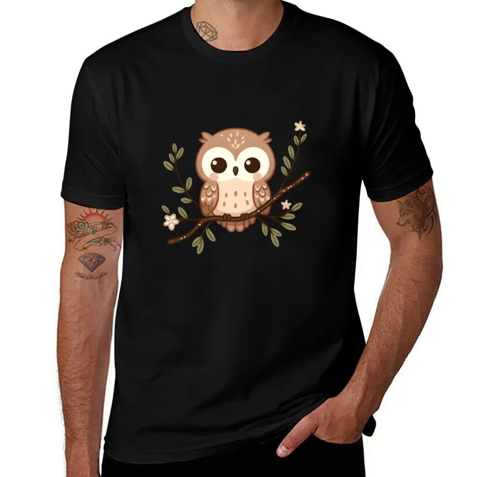 Sleepy Owl Perched on a Blossoming Branch T-Shirt t shirts cotton 100% T-Shirt