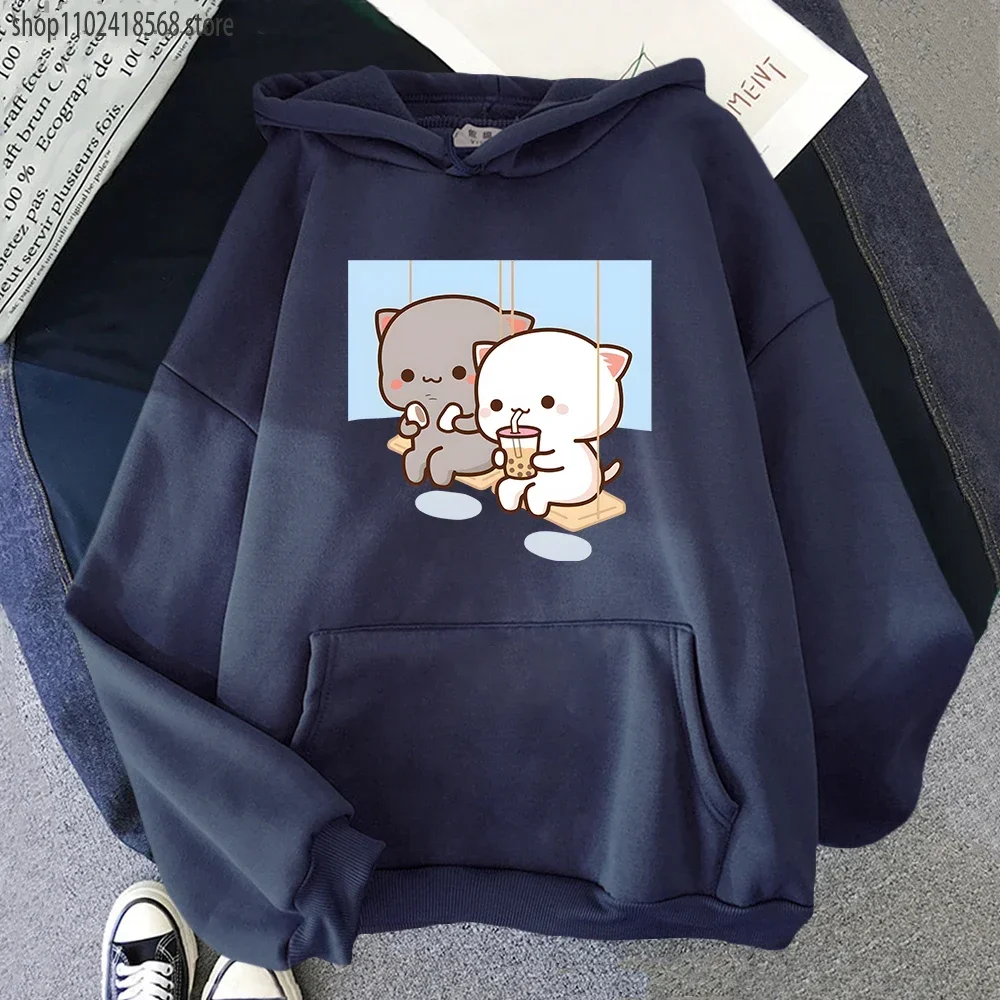 Cute Peach Cat Cartoon Hoodies Bubble Tea Sweatshirt Mujer Camisetas Black Top Winter Kawaii Graphic Long Sleeve Women Clothing