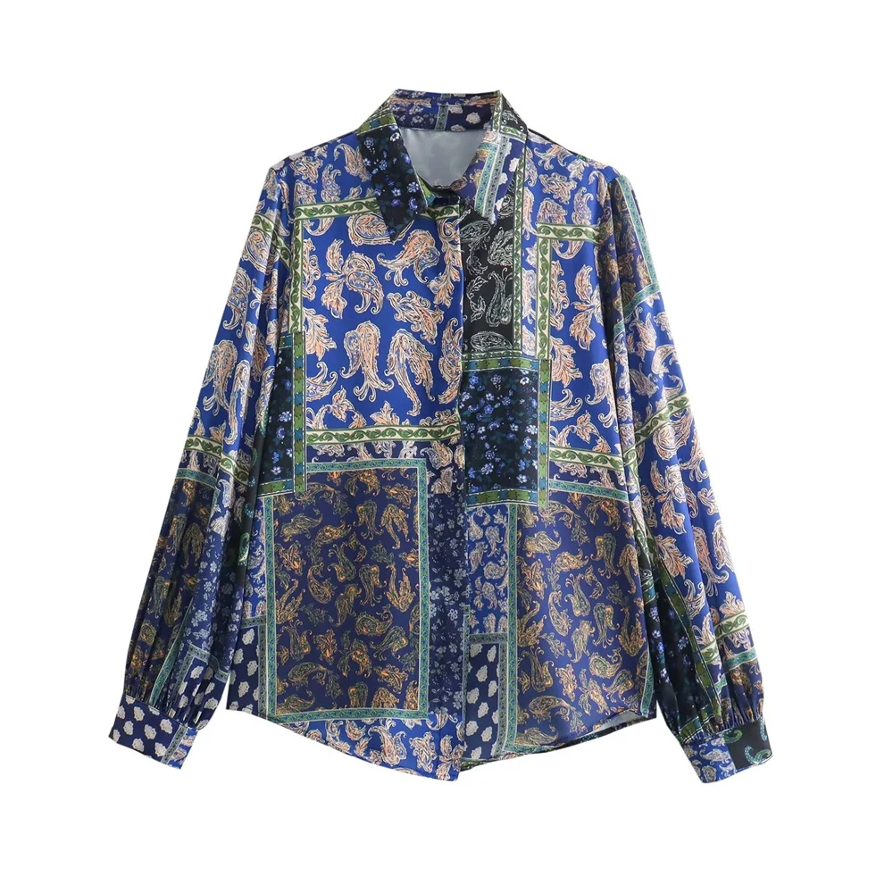 Zach Ailsa 2024 Spring New Product Women\'s casual loose collar long sleeved patchwork printed silk satin texture shirt