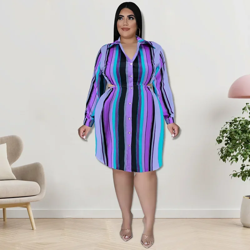 KEXU Elegant Women Plus Size Dress Striped Print Long Sleeve Single Breasted Turn-down Neck Lapel Shirt Style Dress Vestidos