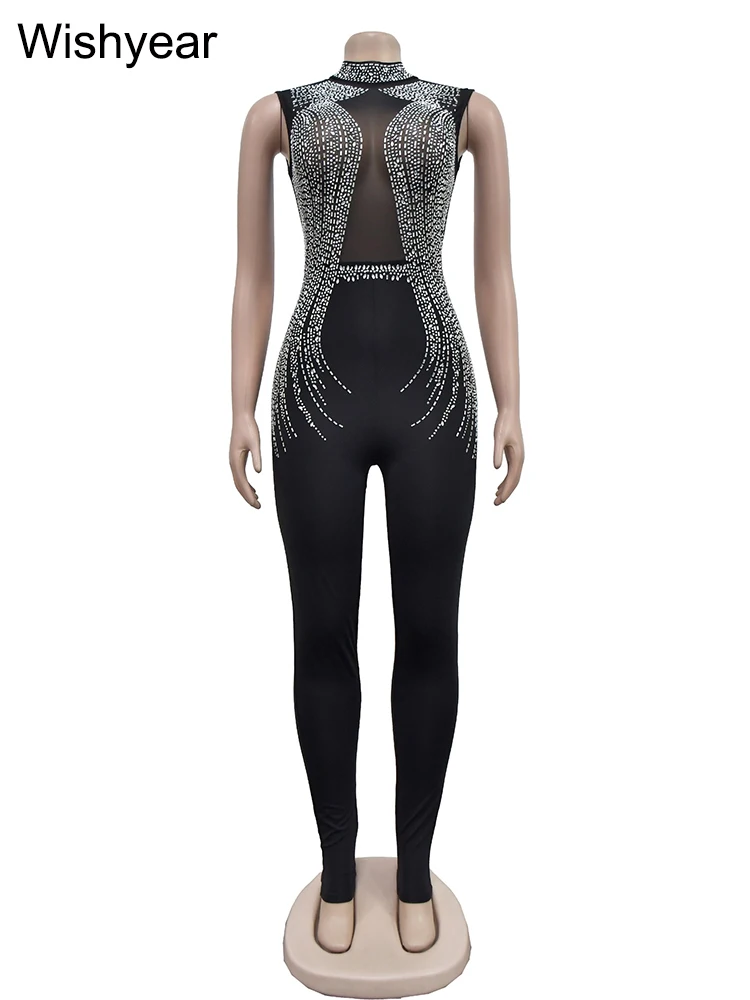 Wishyear-Tenue de club sexy une pièce pour femme, combinaison moulante en maille transparente, diamants et biscuits, nuit d'anniversaire