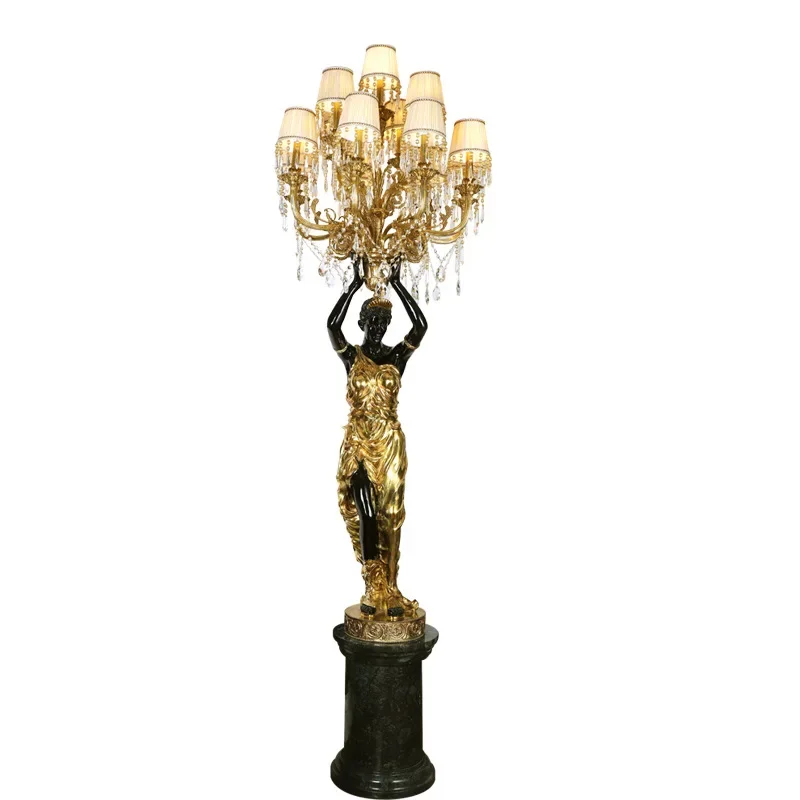 French all-copper large living room floor lamp European-style villa hotel lobby statue character decorative ornament art lamp