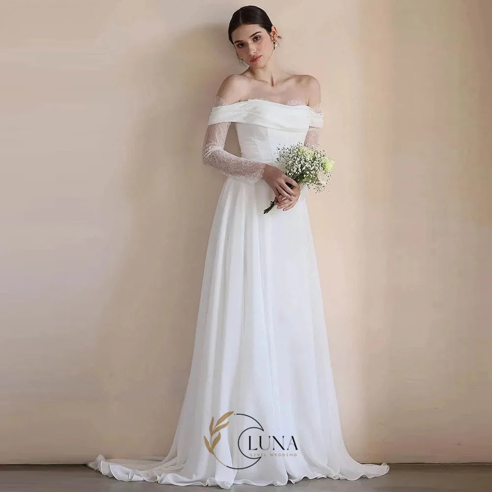 Luna Chiffon Wedding Dresses A Line Lace Long Sleeves Bridal Gowns Simple High Slit New Bride Robes Vestido De Novia