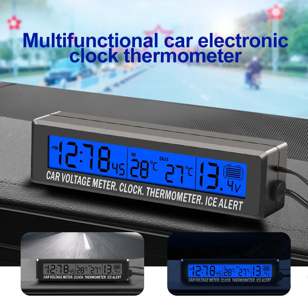 3 IN 1 Mini Electronic Car Clock Car Inside Outside Temperature Thermometer Battery Voltage Monitor Meter with Cigarette Socket