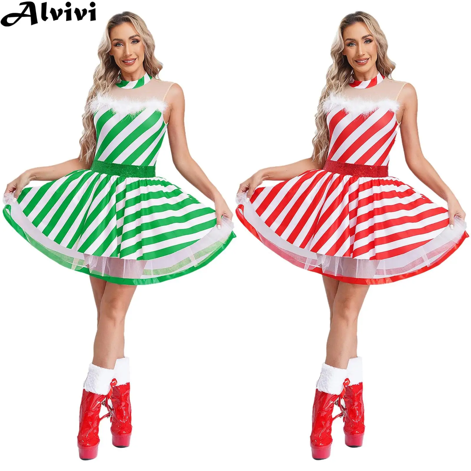 Women Christmas Dance Dress Ballet Figure Skating Clothes Xmas Cosplay Costume Sleeveless Sequin Candy Cane Striped Leotard Tutu