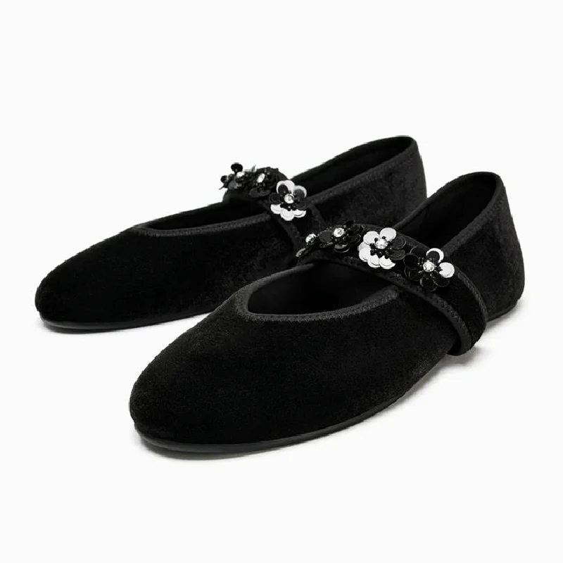 

Luxury Velvet Ballet Flats Women Bling Floral Decorative Elegant Mary Jane Shoes Comfort Soft Sole Designer Footwear for Ladies