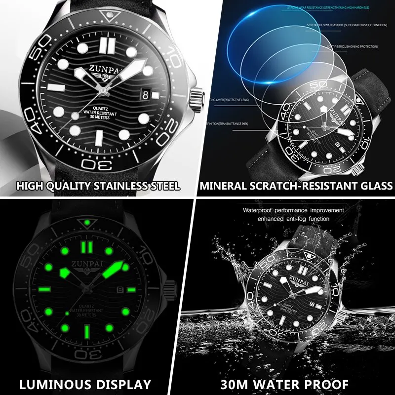 ZUNPAI Original Watch for Men Waterproof Sport Fashion Leather Strap Black Luminous Analog Baterai Quartz Wristwatches