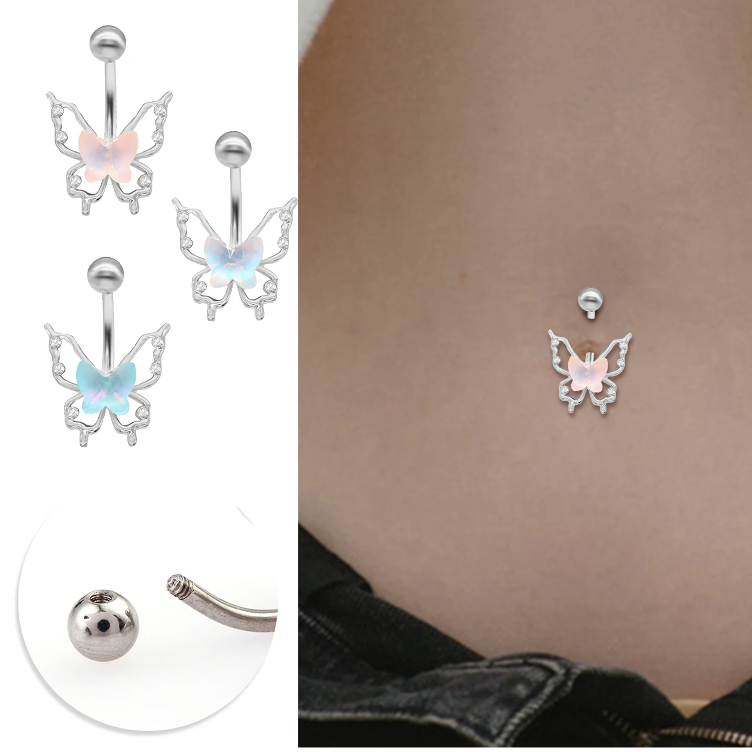 1PC Zinc Alloy Illusory Color Belly Button Rings Piercing Navel Butterfly Piercing Minimalist Belly Piercing Sexy Body Jewelry