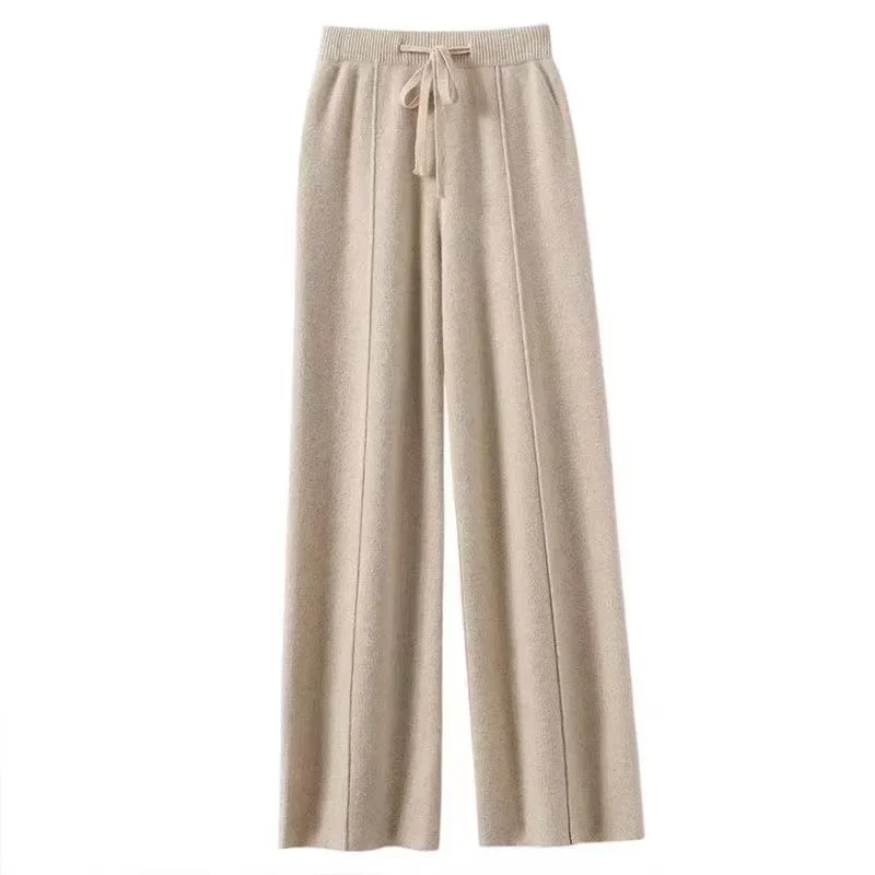 Women Merino Wool Knitted Wide Leg Pants Autumn Winter Basic Soft Warm Cashmere Knit Trousers Casual Simple Style Korean 2025