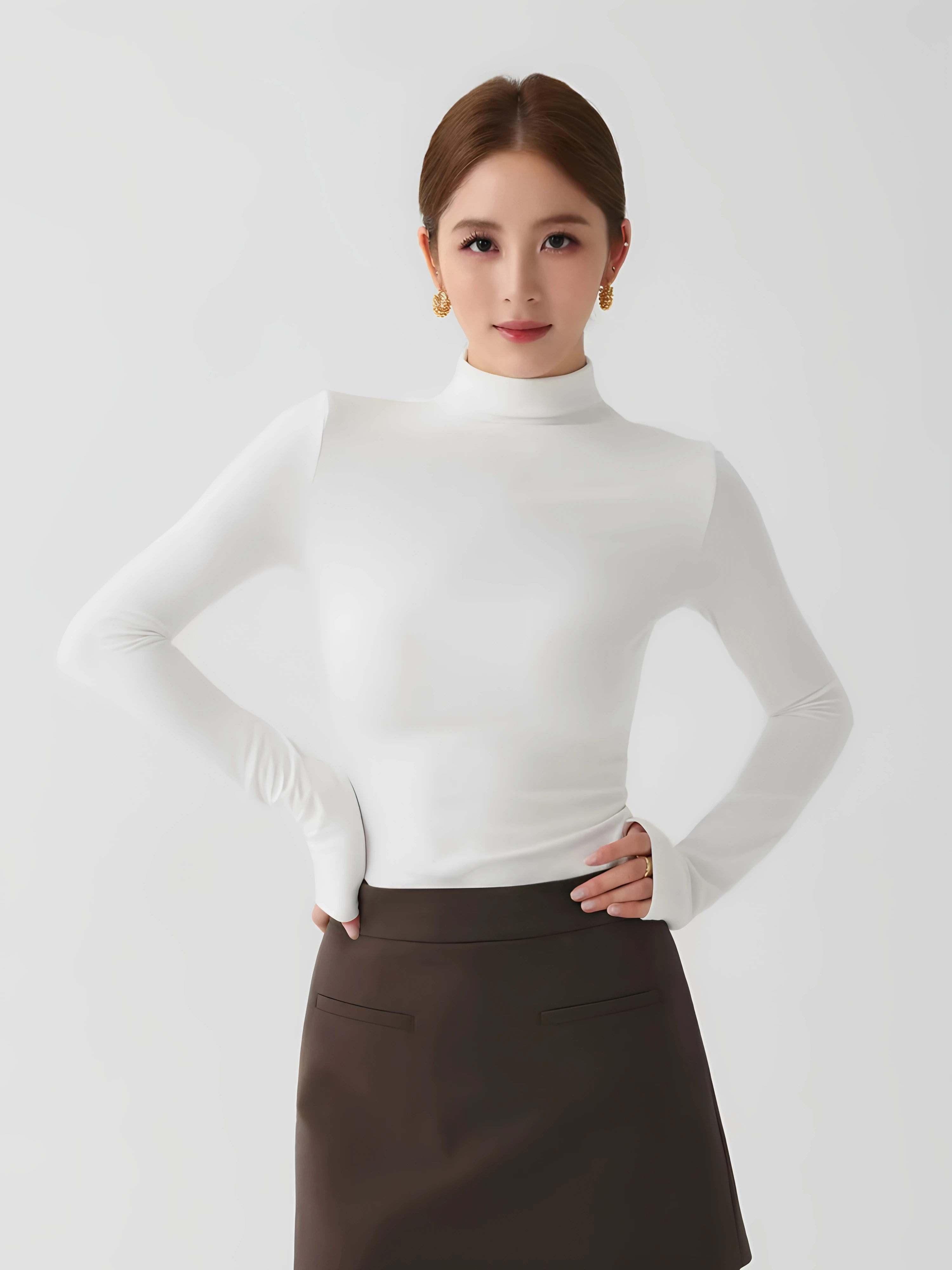 plus Size Women's Fleece Lined Long Sleeve Half High Neck Base Shirt Slim Fit Inner And Outer Wear T-Shirt Top for Commuting