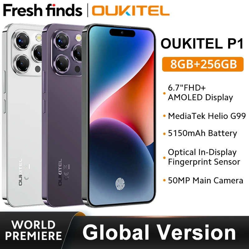 OUKITEL P1 Smartphone Global Version 6.7\'\' AMOLED Display 8GB RAM 256GB ROM MTK Helio G99 Octa Core 50MP Rear Camera 5150mAh NFC