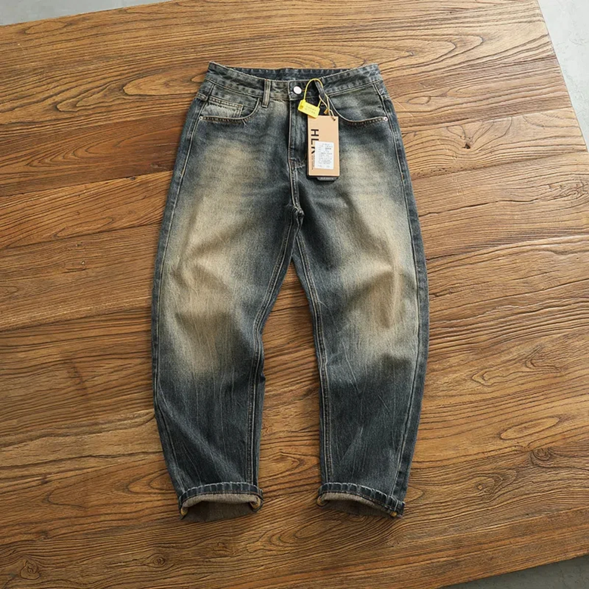 

Heavy vintage jeans men's American casual small straight leg loose everything to do old washed micro cone denim pants