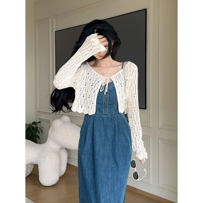 Korean Style Simple Commuter Hollow Out Knitted Long-sleeved Top 2024 Summer New V-neck Short Sun Protection Lace-up Cardigan