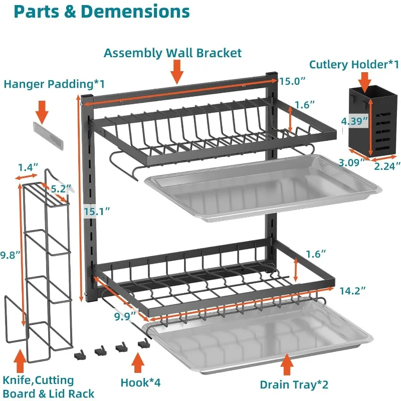 Hanging Wall Mounted Dish Drying Rack with Adjustable Layer*2, Hook*4, Drain Tray*2, Apartment & RV Wall Mounted Dish Rack