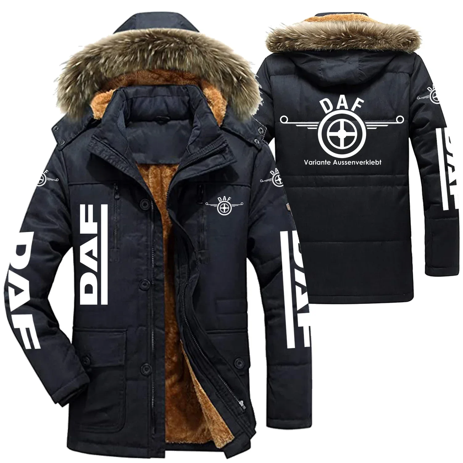 DAF Logo Men\'s Winter Cotton Jackets Hooded Parkas Lamb Fur Lining Plush Men Cold Thickening Fashion Motorcycle Jacket