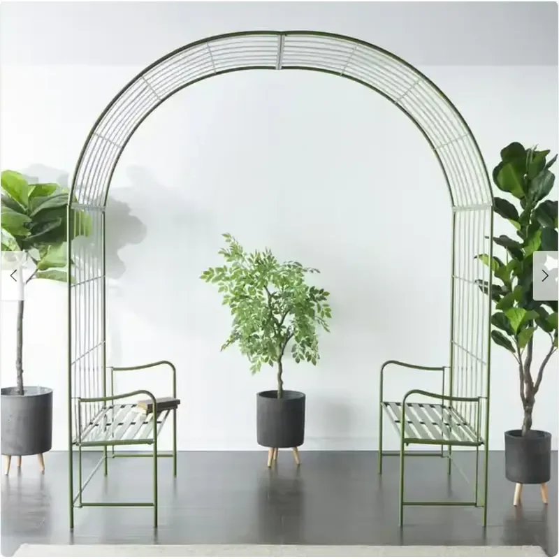 Green Metal Large Arched Indoor Outdoor Garden Arbor with 2 Attached Benches