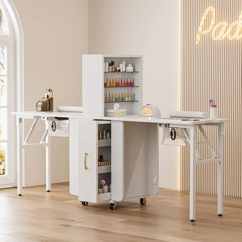 

Electric Dust Collector, Shelves & 2 Drawers, Nail Table Station for Nail Tech w/Wrist Cushion, Lockable Wheels, 78.7" Wide