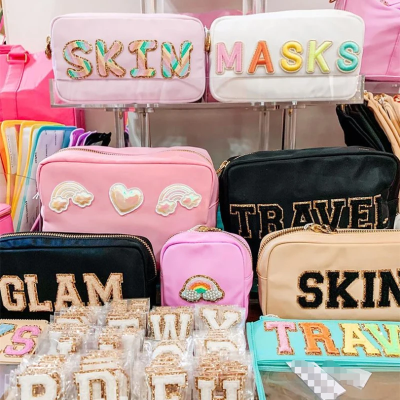 Stock Wholesale Multi Colors Waterproof Nylon Pouch Cosmetic Bag Women Letters Patch DIY Makeup Bag Teens large toiletry bag