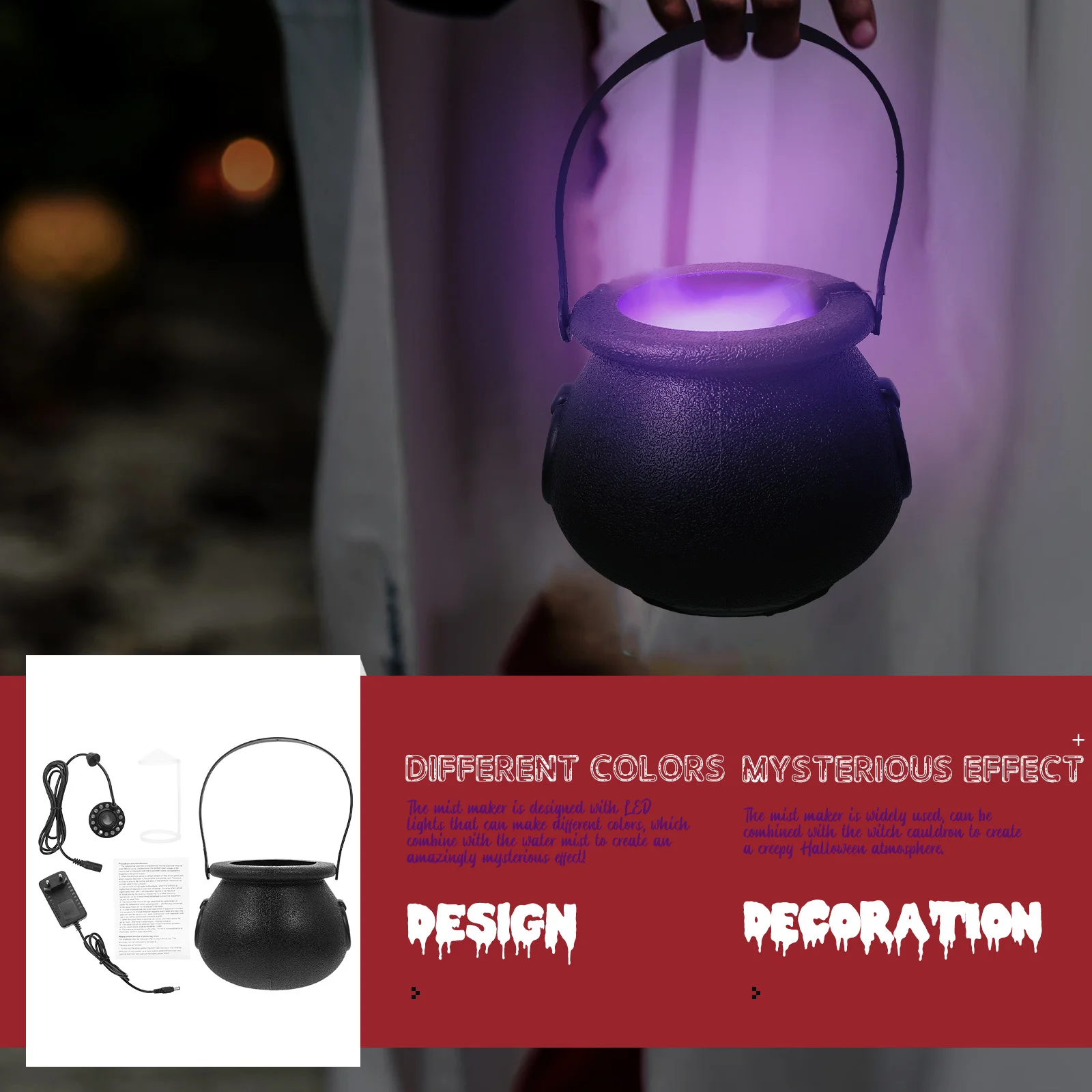 

1Set Jar Atmosphere Lamp LED Mist Maker for Halloween Decoration with Witch Cauldron Auto Shut Off Low Water
