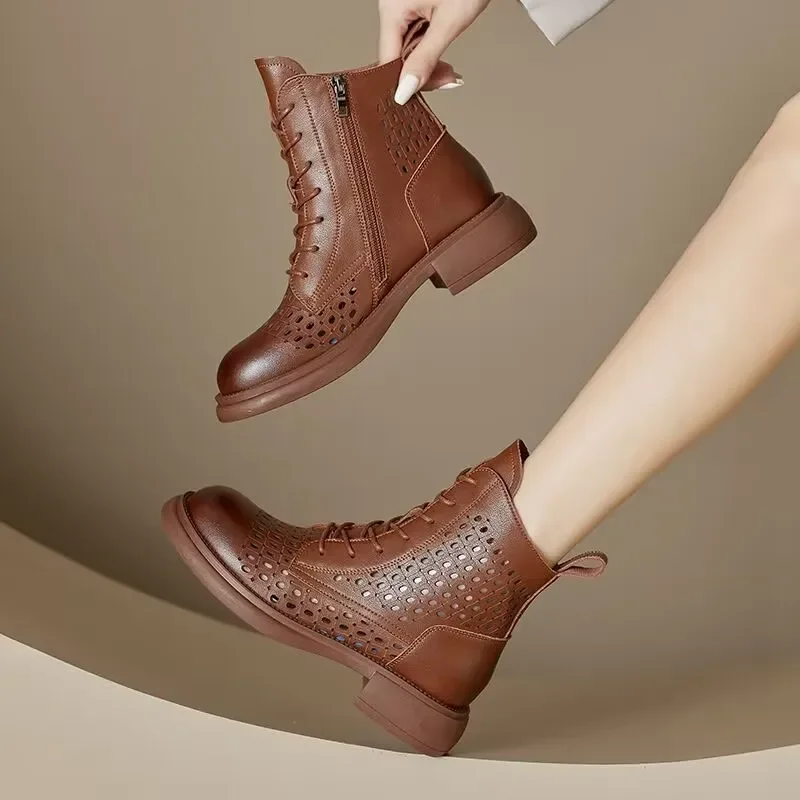 2024 New Uxst Retro Genuine Leather Hollow Cool Boots for Women with Thick Soles and Lace Up Korean Zipper Casual Women's Shoes
