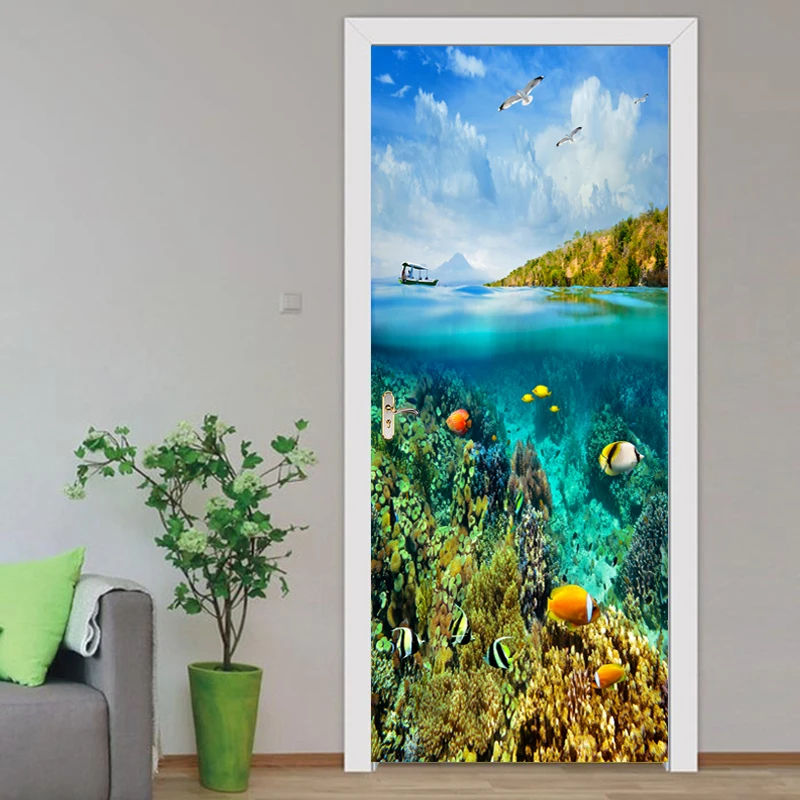 

Seabed Coral Scenery Door Sticker Dining Room Bathroom PVC Waterproof Self Adhesive Mural Wallpaper For Walls 3D Deacl