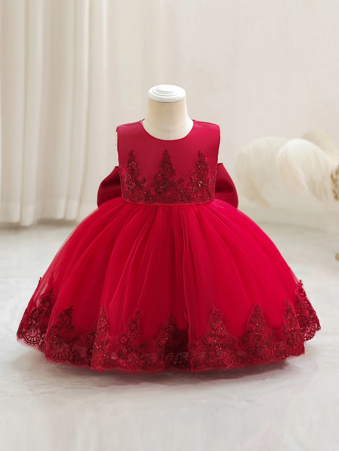 Kinder-Prinzessinnenkleid, Blumenmädchenkleid mit handbestickter Schleife, ärmelloses Mädchenkleid, Partykleid, Weihnachts- und Halloween-Kleid, Rot