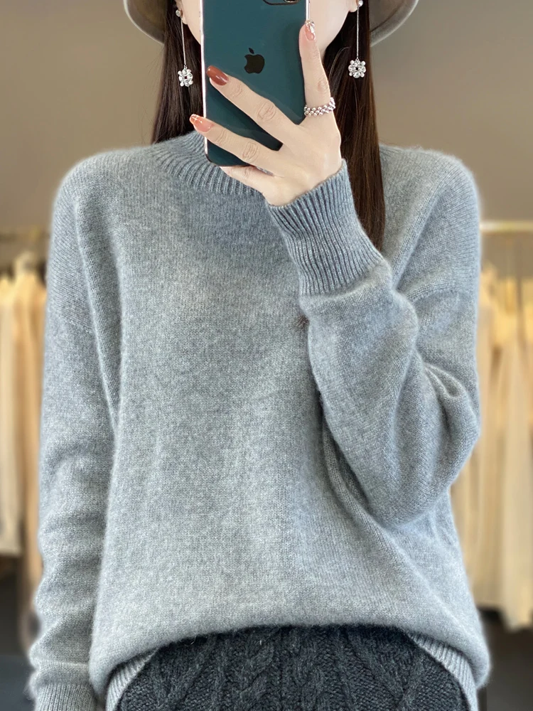 100% Merino Wool Women Loose Sweater Mock-neck Pullover Autumn Winter Thick Long Sleeve Cashmere Knitted Clothes Korean Fashion