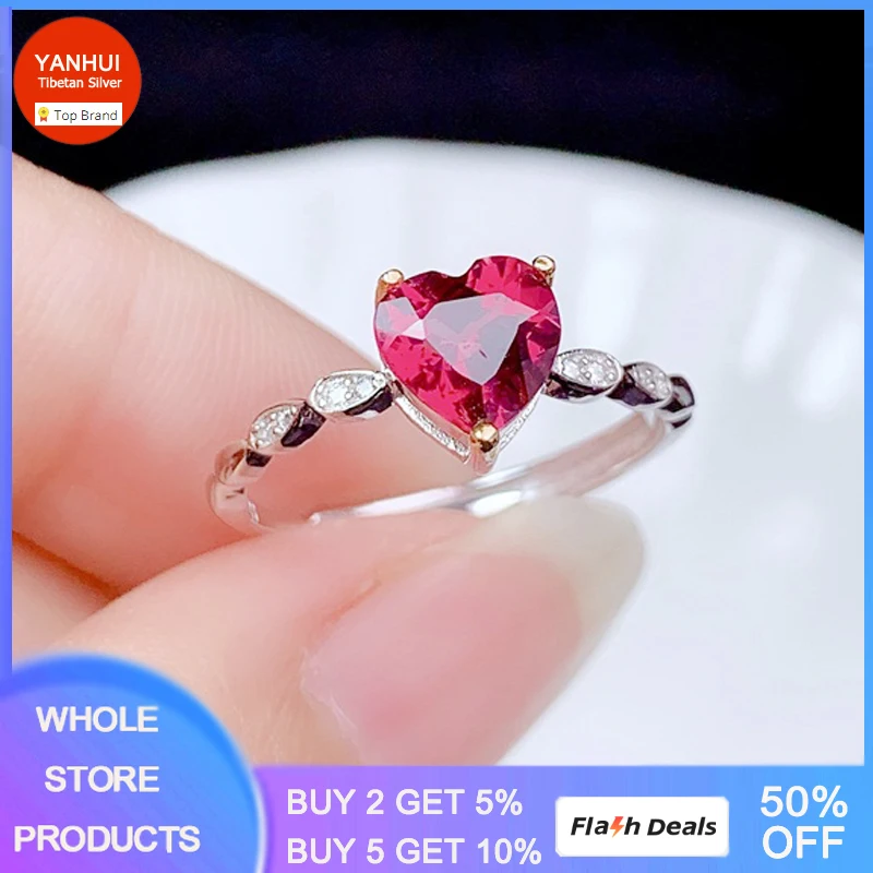 

YANHUI New Cute Heart Created Ruby Red Crystal Rings Original White Tibetan Silver 925 Ring Romantic Wedding Jewelry for Women