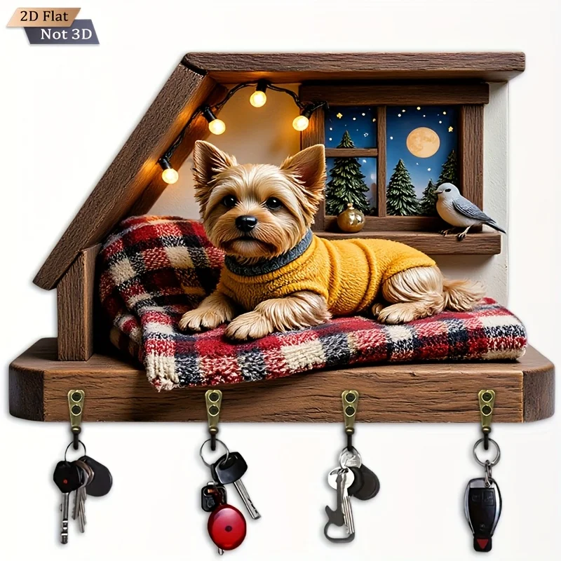 2D Flat. 1pc. Wooden House Dog Moonlit Night Style Key Hook - Multi-Functional Decorative Key Holder with Four Metal Hooks,