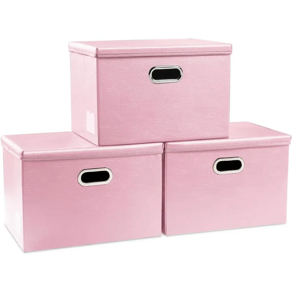 

Collapsible Storage Bins with Lids [3-Pack] Leather Fabric Foldable Storage Boxes Organizer Containers Baskets Cube with Cover f