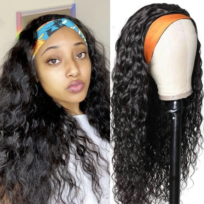 

Hootu Brazilian Hair Headband Water Wave Natural Human Hair 180% Density Pre Plucked 16-28 Inch Wigs Human Hair With Baby Hair