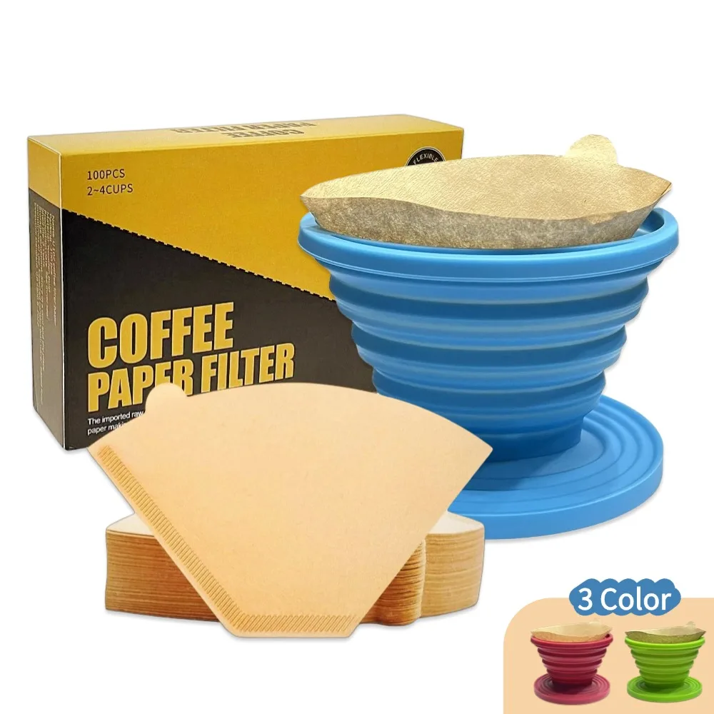 Portable Silicone Coffee Dripper Set  with 100Pcs Paper Filters,Collapsible,Reusable,Portable, Perfect for Outdoor Use, 1-4 Cups
