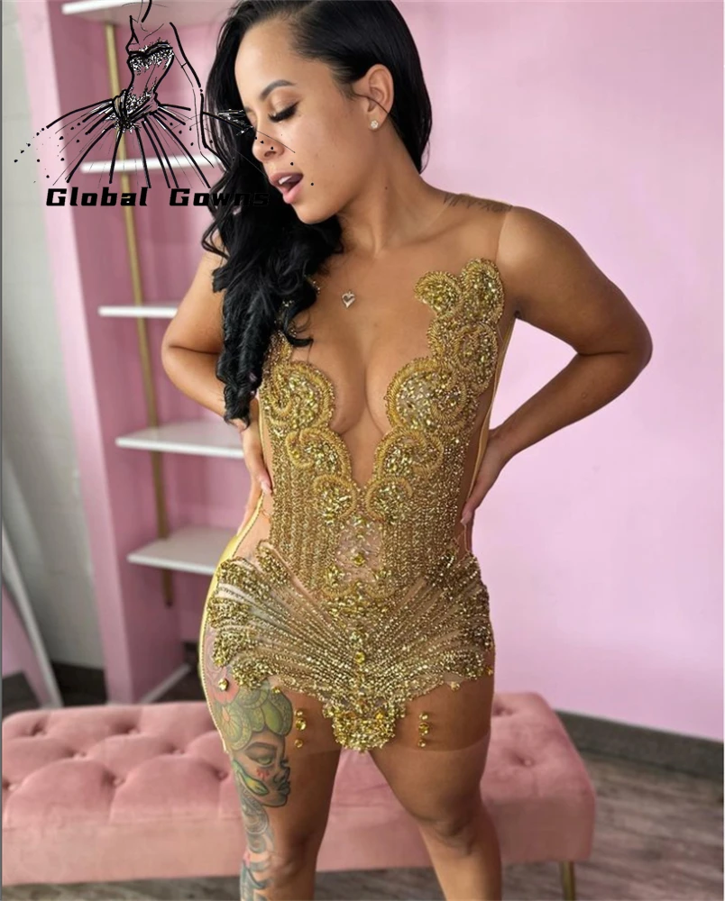 Luxury Gold Sparkly Beaded Short Prom Dresses Black Girls Crystal Birthday Party Mermaid Formal Gowns Robe De Bal