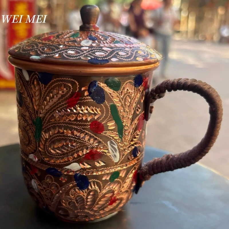 

Vintage Copper Coffee Mug,With lid Breakfast Cup,Painting Sketch Unique Gifts Handcrafted Carving Art Texture Tea Cup Tableware