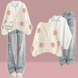 Spring Autumn Women Sweet Strawberry Sweater Cardigan Shirts Denim Pants 1 or 3 Piece Set Lady Fashion Knit Tops Jeans Outfits