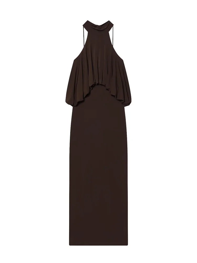 

HH Women Summer Balloon Hanging Neck Collar Sleeveless Dress Female Elegant Side Zipper Backless Evening Party Solid Midi Dress