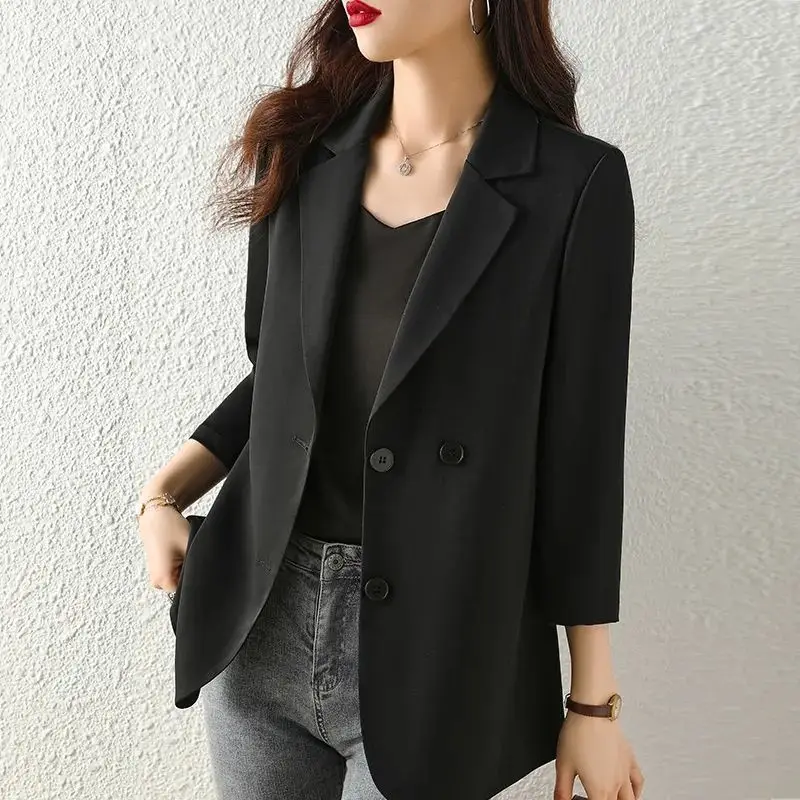 Women's Chic Simple Notched Neck Blazer Nine Quarter Sleeve Jackets Fashion Coats Ladies Korean Office Clothing Spring Summer