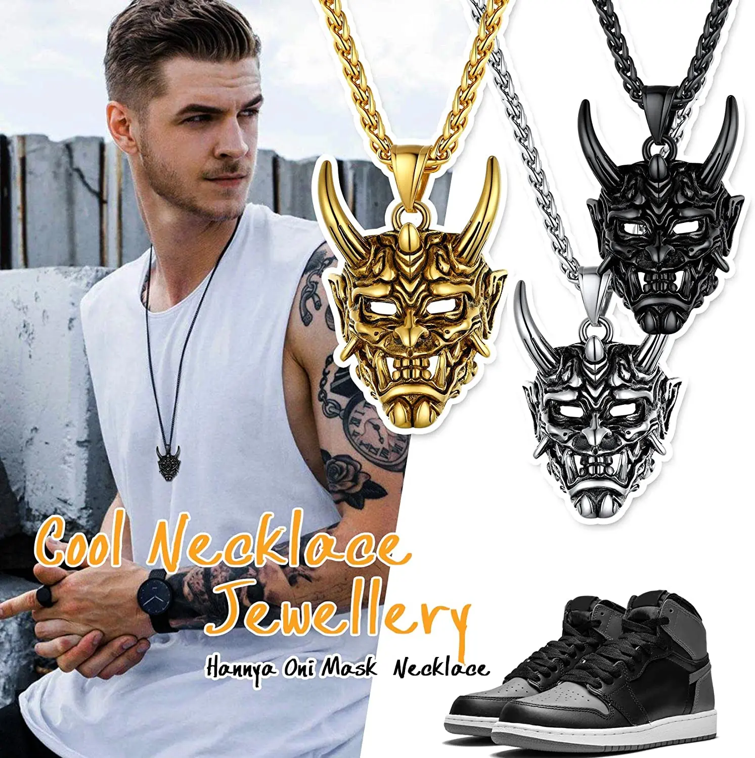 U7 Stainless Steel Evil Demon Horn Hannya Mask Necklace Gold Color Vintage Black Pendant 22\