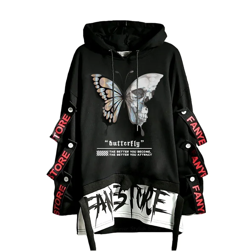 Gothic Sweatshirt Men Long Sleeve Sweatshirts Skeleton Ribbons Letter Print hoodies Streetwear Printed Harajuku Male