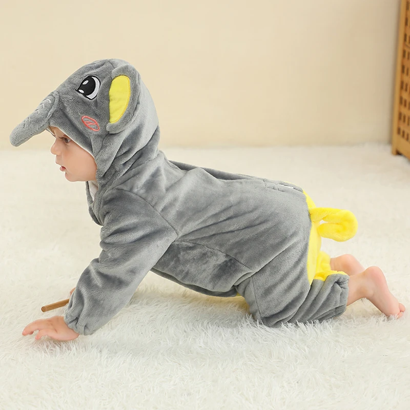 MICHLEY Halloween Elephant Winter Baby Rompers Clothes Costume Flannel Hooded Bodysuits Pajamas Animals Jumpsuit For Boys Bebe