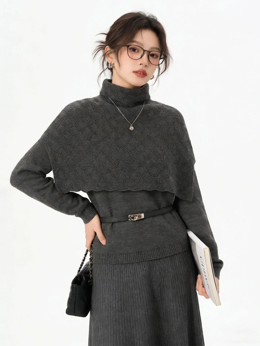

Ele ey Knitted Set High Collar Cloak Sle Sweater Draped Slimming Long Spring Dr Korean Sle Faion Set for Women