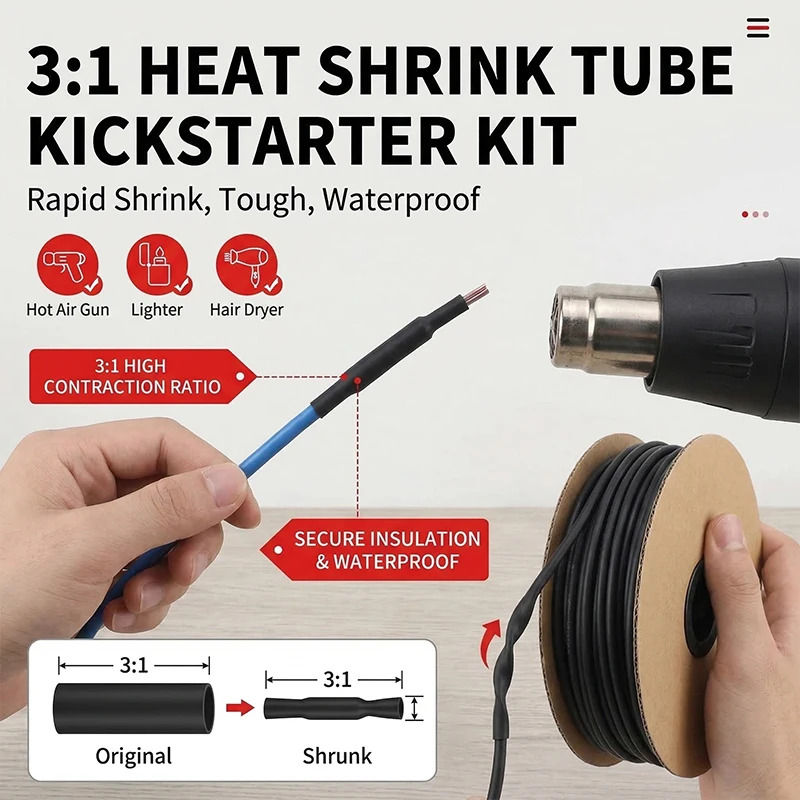 

Термоусадочная трубка 3:1, черная, с клеевым слоем, из полиолефина, 50 метров, с различными коэффициентами усадки, для изоляции проводов и кабелей