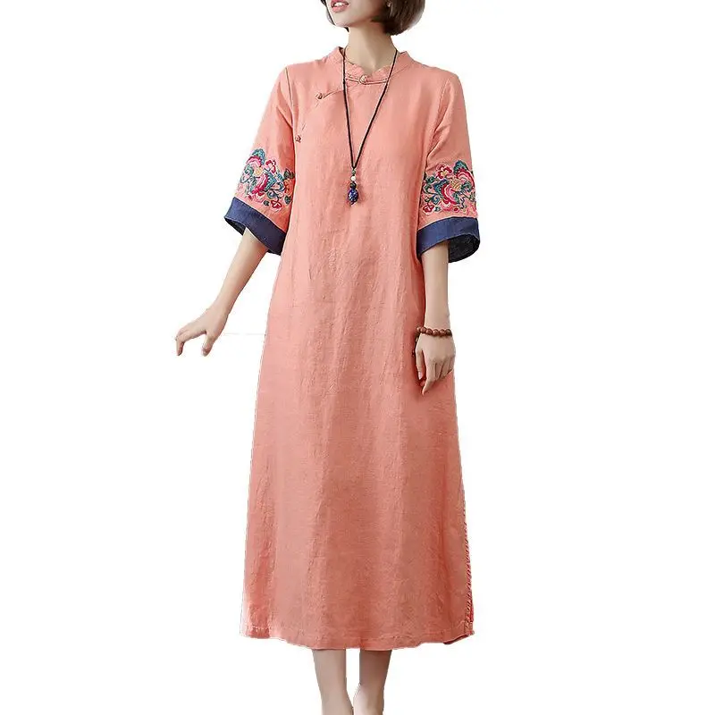 

Ethnic Style Womens Cotton And Linen Half Sleeve Embroidered Dress