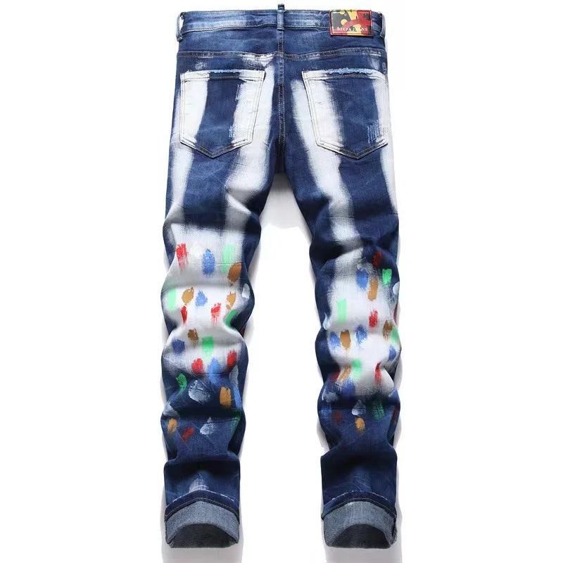 EH·MD® Painted Fingerprint Jeans Men Broken Holes High Elastic Slim Fit Feet Zipper Leather Label Speckle Wrinkle Scraping White