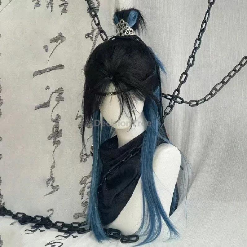 

2025 синий, черный, окрашенный парик, модный, средняя точка, челка с восемью персонажами, китайский древний стиль, бант для волос, парик для косплея