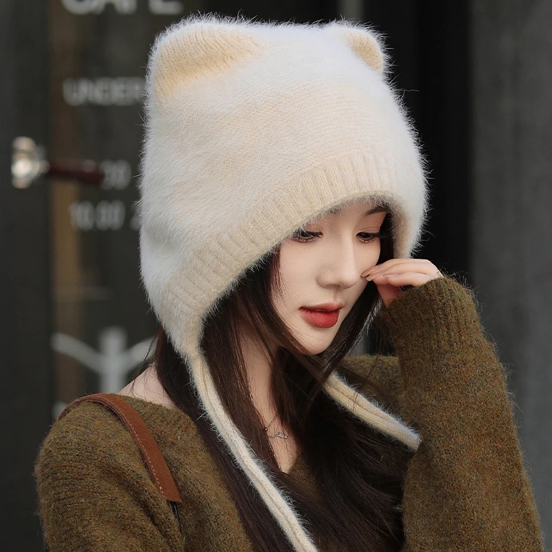 Hat Earflap Winter Women Angora Knit Beanie Ears Design Fleece Layer Warm Soft Accessory For Autumn Outdoor Sports Cold Weather