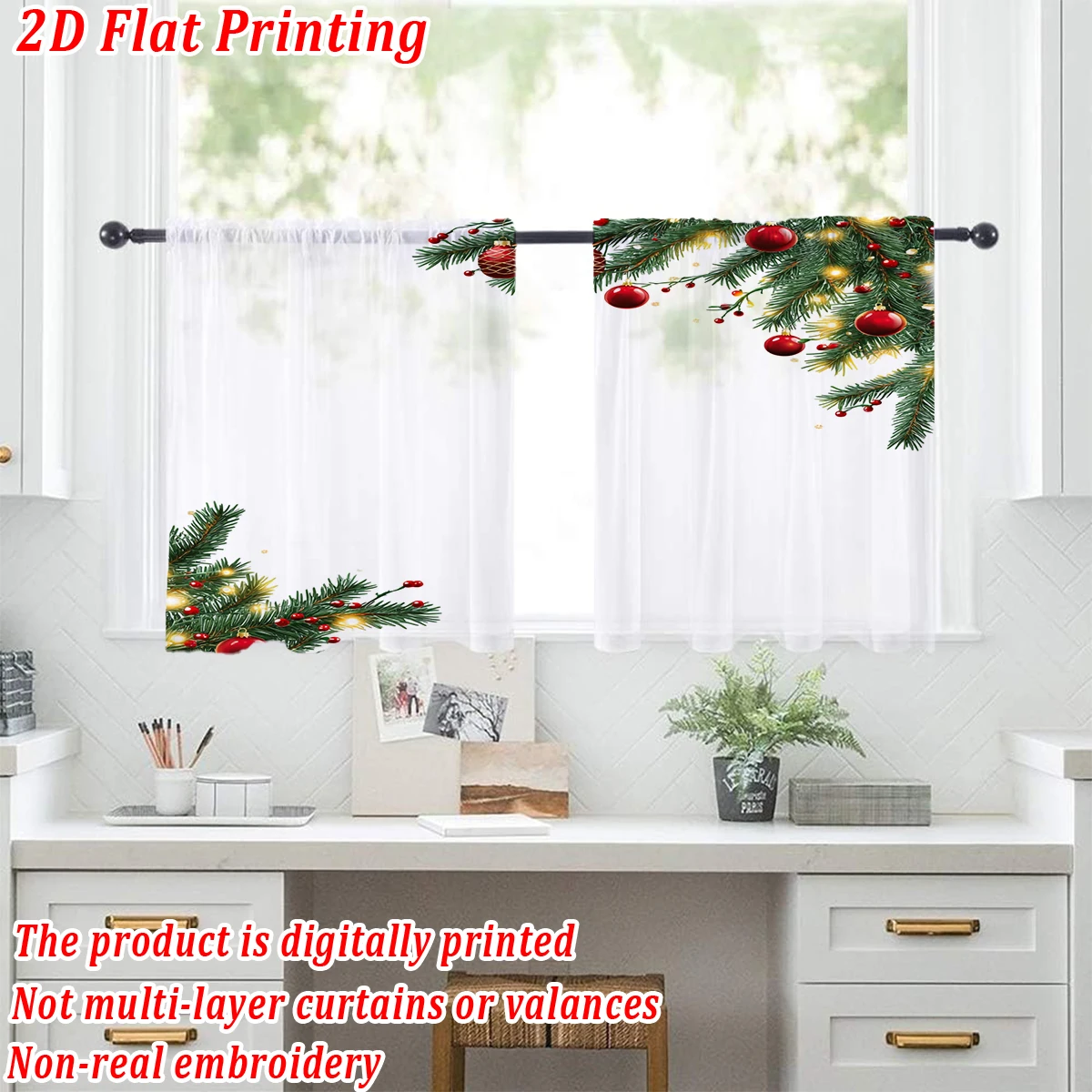 Christmas Flat Printing Kitchen Sheer Curtain with Merry Christmas Ball Pine Branch Ornament For Christmas Home Decor  Party