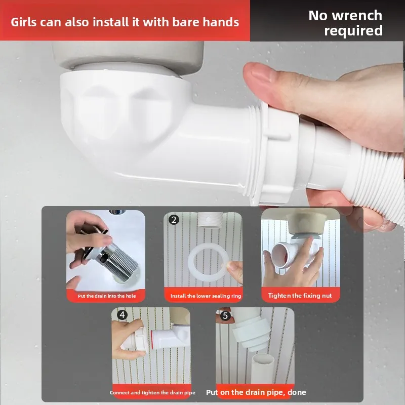 Washbasin drain, sink, flip board, bounce integrated drainage pipe, odor proof set, space saving universal drain pipe