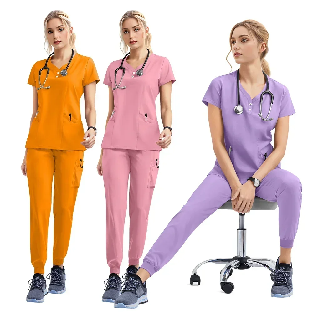 Ensemble de jogging à col en V pour hommes et femmes, vêtements de travail, uniformes médicaux multicolores, bouton, générateur, nouveau