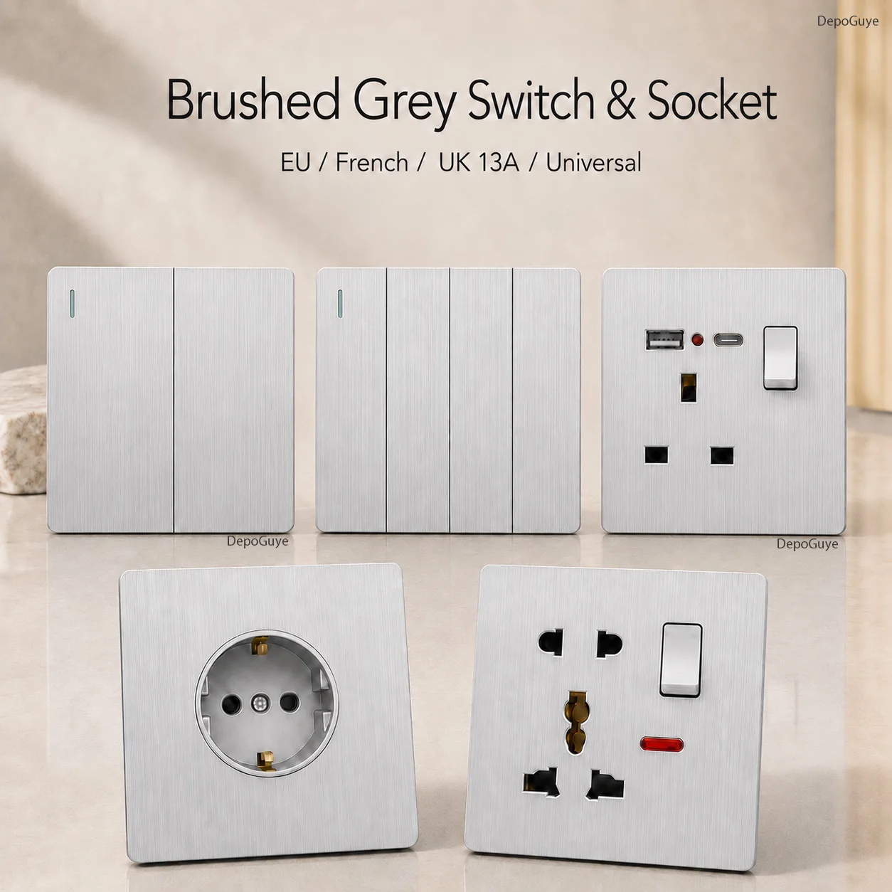 UK Standard Silver-Gray Wall Switch, Universal Dual 3pin Socket, Ultra Thin EU FR Switch 1/2/3/4Gang 1/2Way Button Light Switch